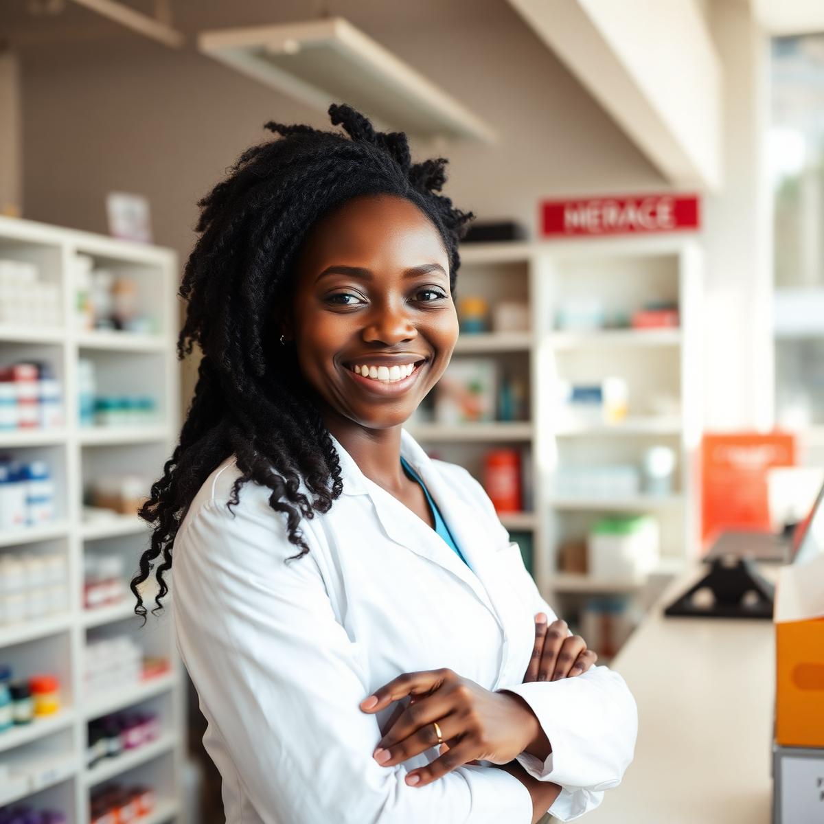 A pharmacist at the counter of the pharmacy